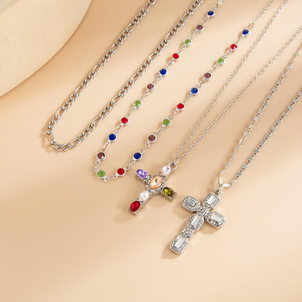 3Pcs/Set Colorful Crystal Cross Pendant Necklace for Men Hip Hop Adjustable Choker Collar Chain Christian Jewelry Accessories