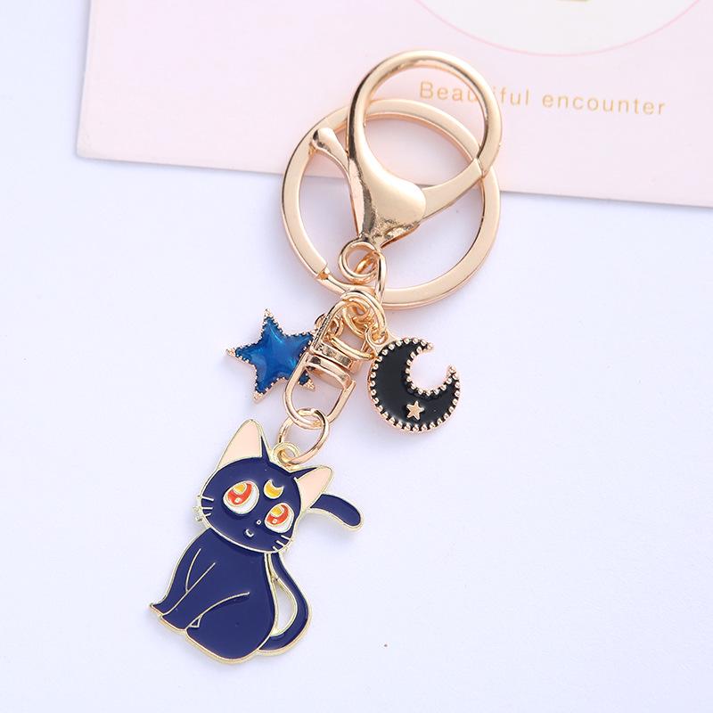 Charming Kitten & Moon Star Alloy Keychain - Women's Bag Pendant Accessory