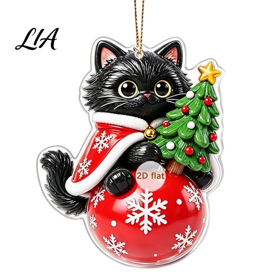Cat Shaped Decorations Christmas Pendant with Hanging Rope, 2D Flat Acrylic Ornament for Xmas Tree Lover Gifts Decoration, Cute Holiday Decor,