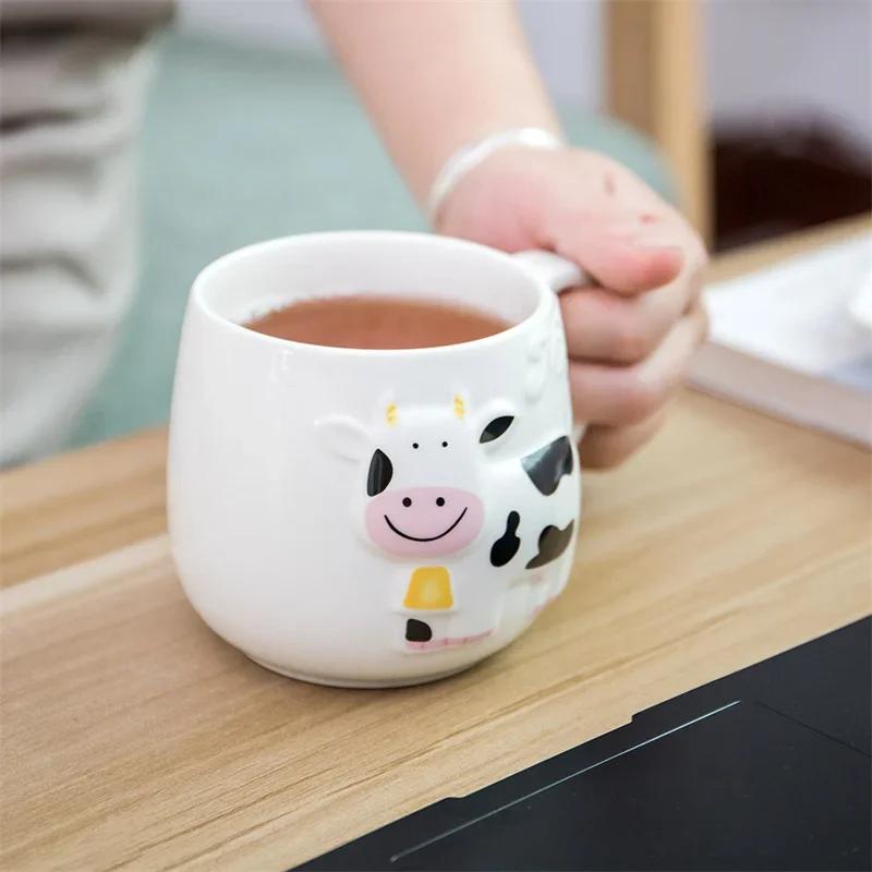 14oz Creative Relief Cow Ceramic Mug Cute Animals Coffee Cups Juice Milk Tea Cup Bottle 3D Animal Mug Breakfast Cups Kids Gift