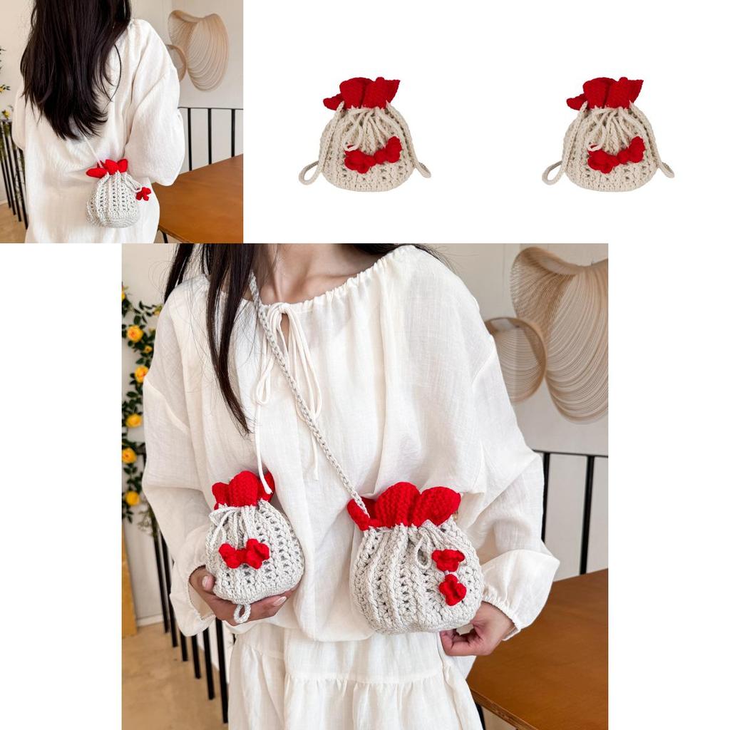 Minimally Woven Crossbody Bag With Flower Appearance And Drawstring Design For Daily Use
