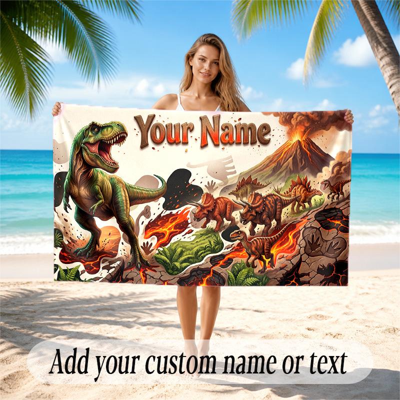 Dinosaur Theme Quick Dry Beach Towel Custom Name Text Print Large Sand Resistant Towel Beach Vacation