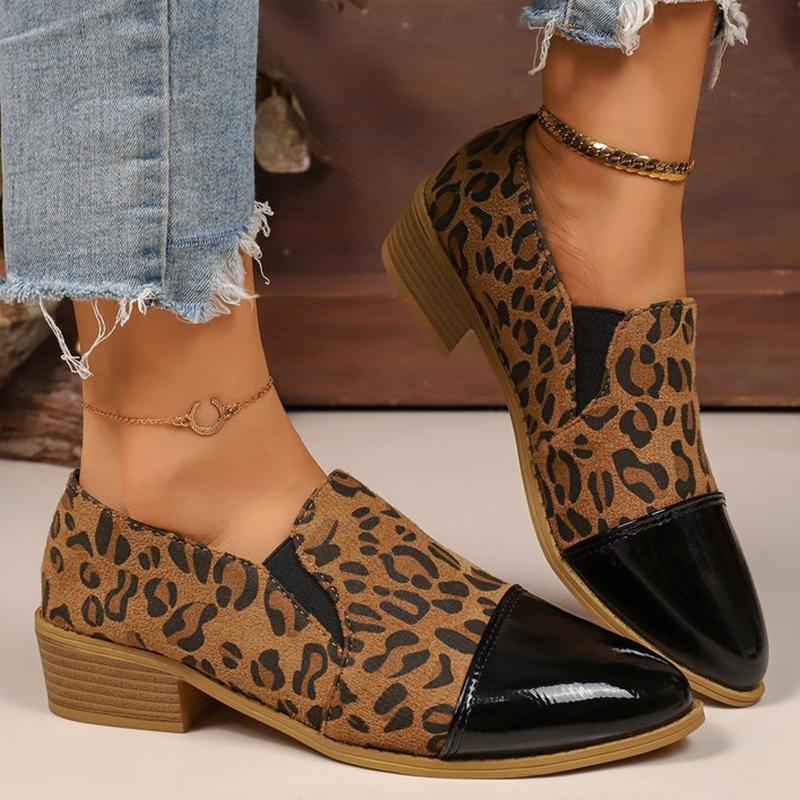 Модные ретро туфли-лодочки с леопардовым принтом на низком каблуке для женщин больших размеров, с квадратным каблуком, повседневная обувь, женские слипоны с острым носком, туфли на низком каблуке, женские
