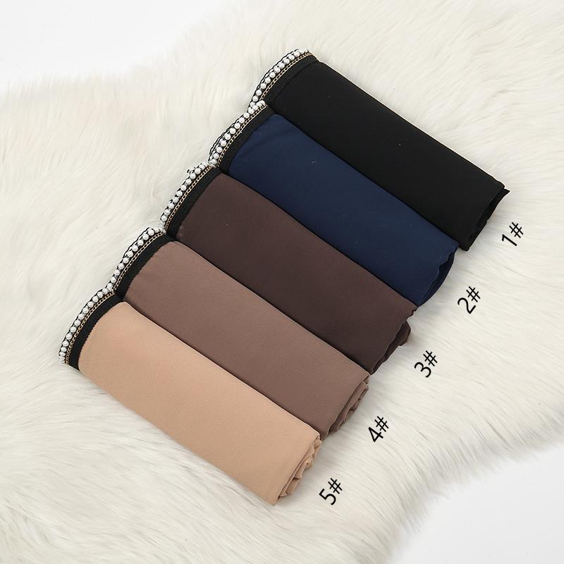 Новый Рамадан Шифоновый Хиджаб Шарф с Жемчужными Бусинами Мусульманский Хиджаб с Цепочкой Однотонные Длинные Шали Головной Платок Обмотки Исламская Повязка на Голову