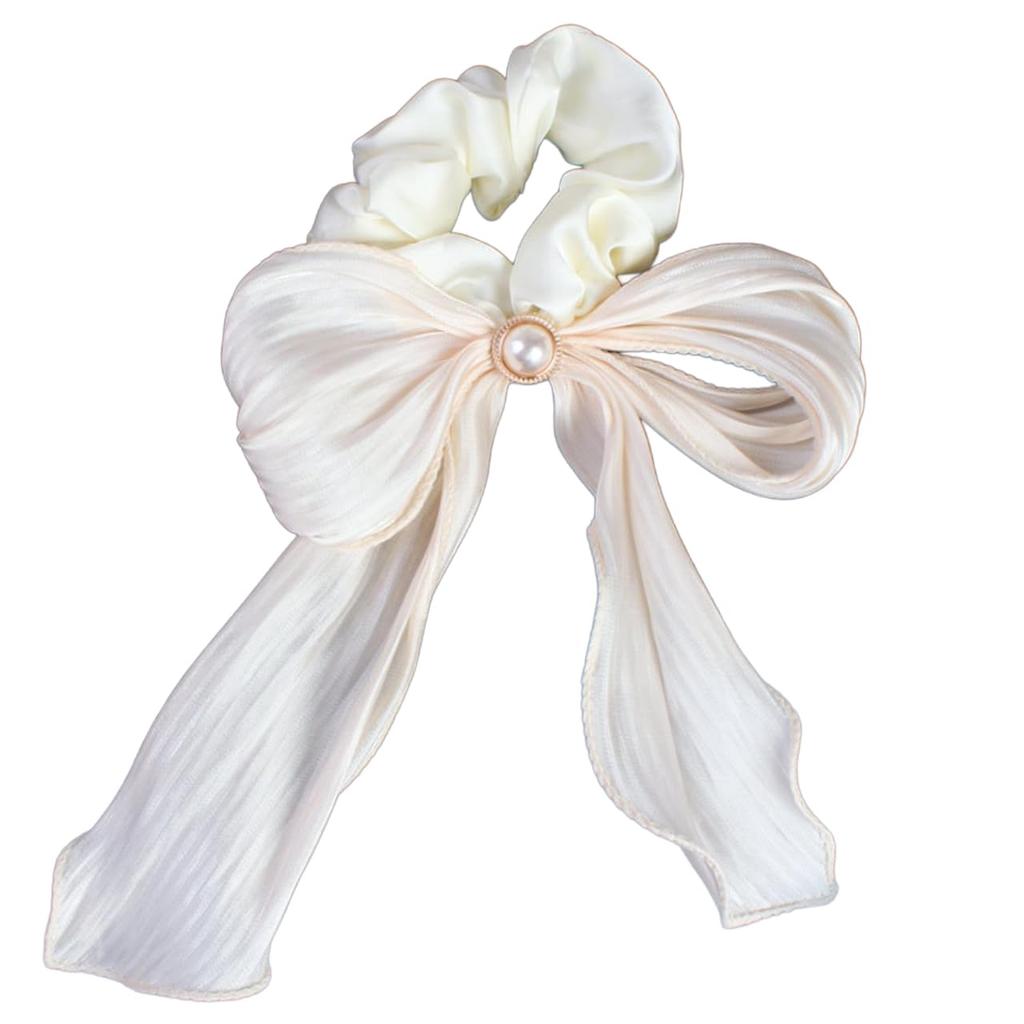 White Fang Ribbon Scrunchie Hair Tie Hair Accessory with Cute and Stylish for AZ569 Pearls, Women, (Beige)