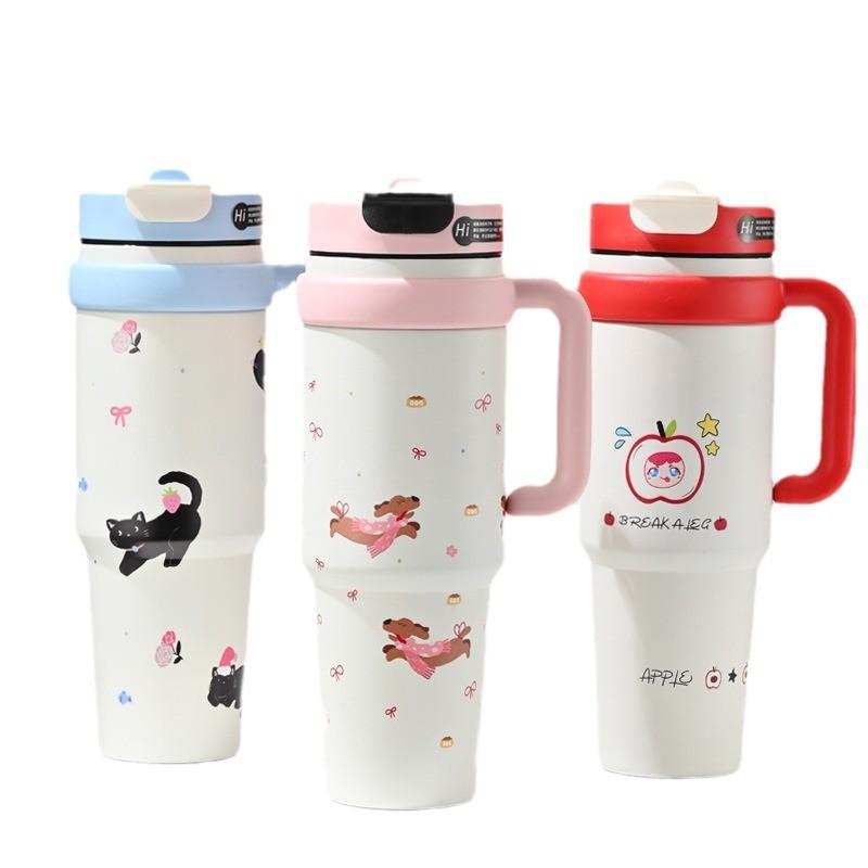 Large Capacity Vacuum Insulated Stainless Steel Tumbler With Straw Women 1000ml Leakproof Travel Water Bottle