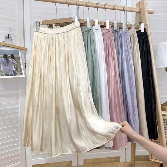 Skirt High Waist Long Skirt with Elastic Waistband Solid Color Glossy Chiffon Satin Skirt