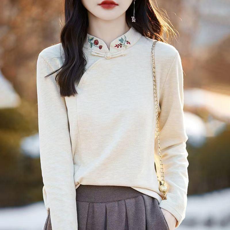 Autumn and Winter Women's Double-sided Fleece Undershirt Embroidered Loose Long Sleeve T-shirt