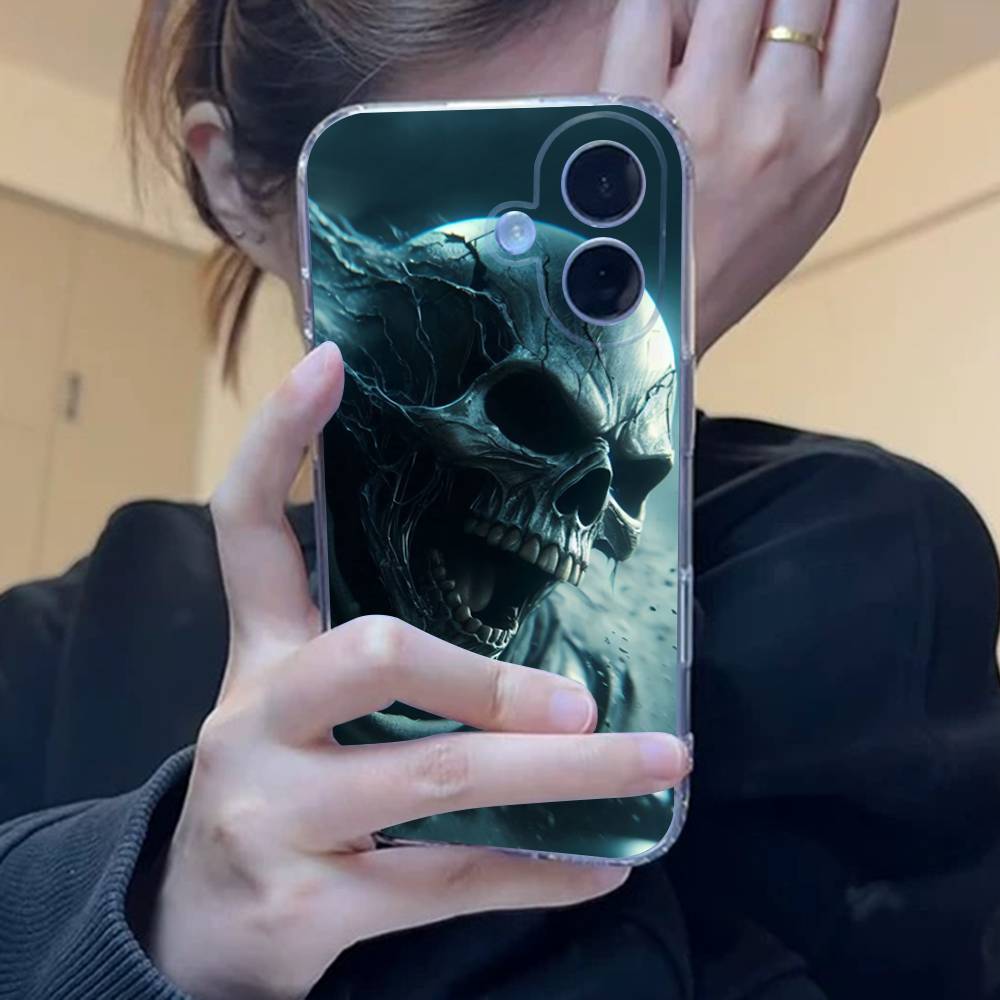 Чехол-бампер из прозрачного силикона и мягкого ТПУ с черным черепом 'Terror' для iPhone 17 16 15 14 Plus 13 12 Mini 11 Pro Max