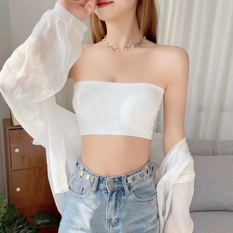 Цельный сексуальный топ без бретелек, женский бюстгальтер без бретелек с эффектом пуш-ап, нижнее белье из ледяного шелка, тонкий бесшовный топ с надписью, черный, белый цвет, топ без косточек