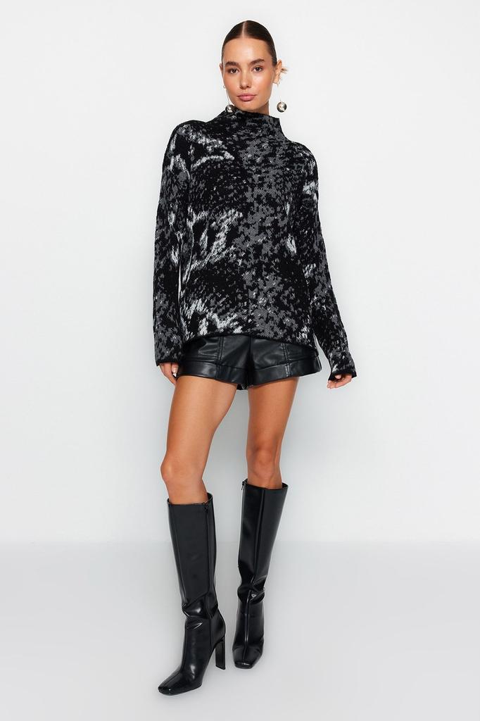 Женский модный стильный свитер с леопардовым рисунком и высоким воротником, трикотажный свитер