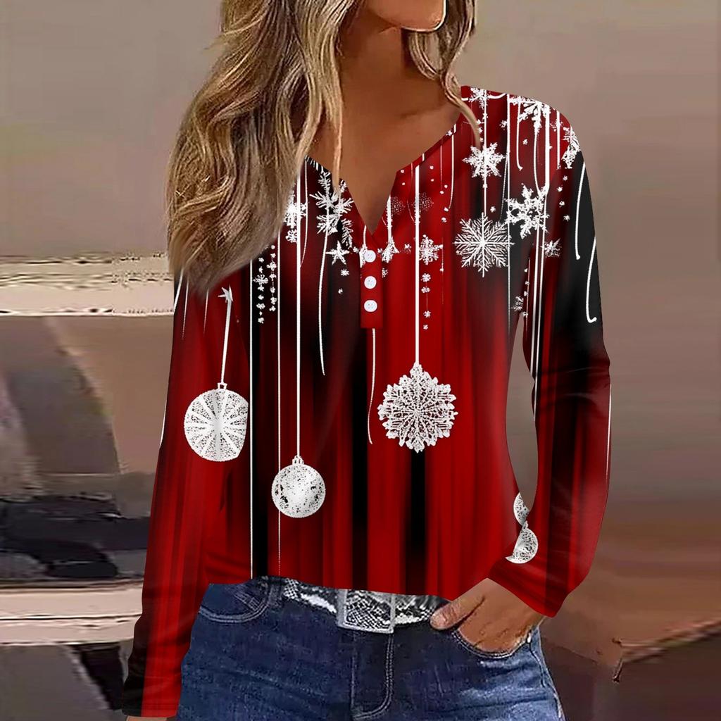 Женская футболка с рождественским принтом на пуговицах с длинным рукавом, повседневная, выходного дня, модная, базовая, с V-образным вырезом, обычная