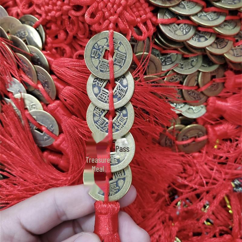 Подвеска из чистой меди «Пять императорских монет и тыква Багуа» для удачи, здоровья и благословения фэн-шуй (7см)