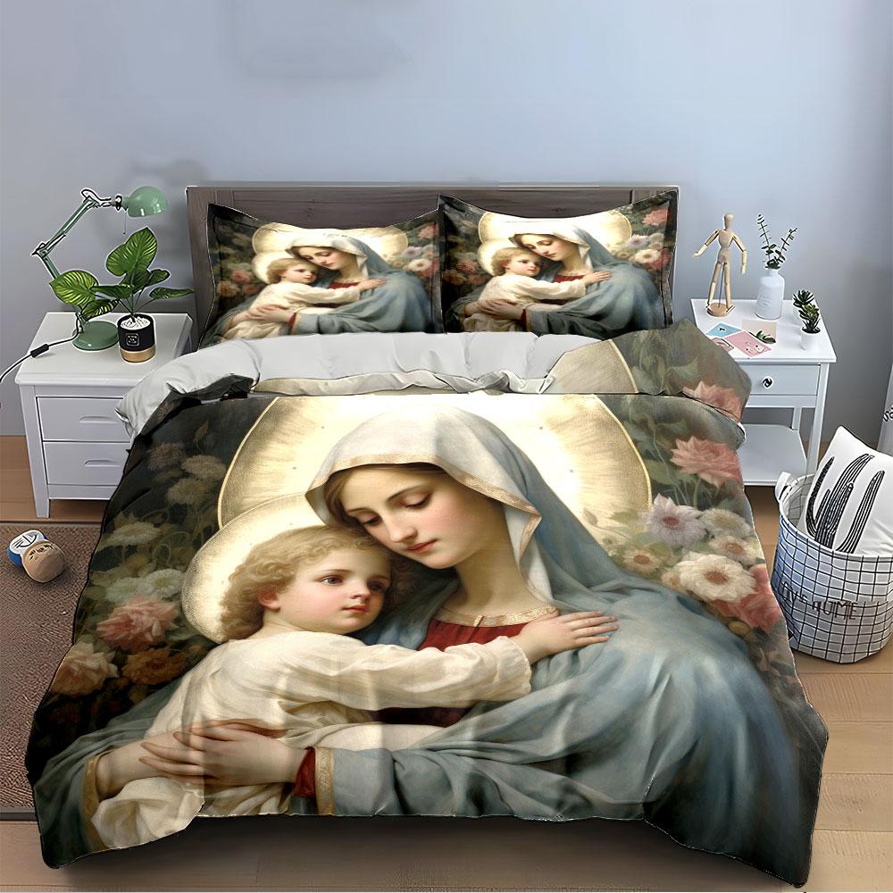 Mother and Child Religious Art Bedding Duvet Cover Set (1*Duvet Cover 2*Pillowcases, without duvet insert)