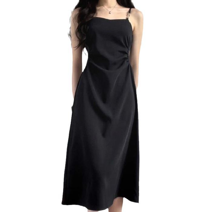 Women's Summer 2025 Black Suspender Dress - Slimming, High-End, Hepburn Style Little Black Dress