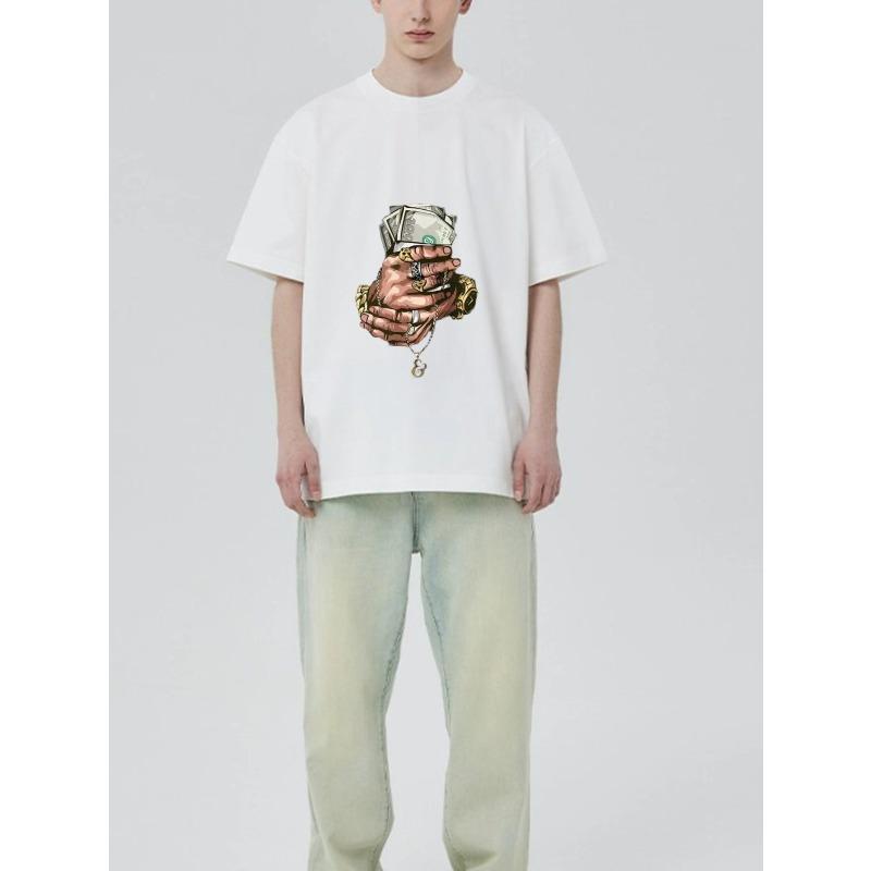 Черная футболка с принтом рук, держащих деньги, и кулоном-цепочкой для повседневного уличного стиля