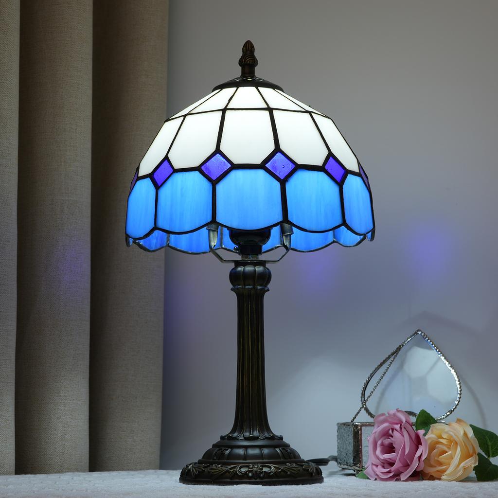 8 Inch Sea Blue Mediterranean Tiffany Style Stained Glass Small Table Lamp Lampshade Table Lamp Desktop Led Light