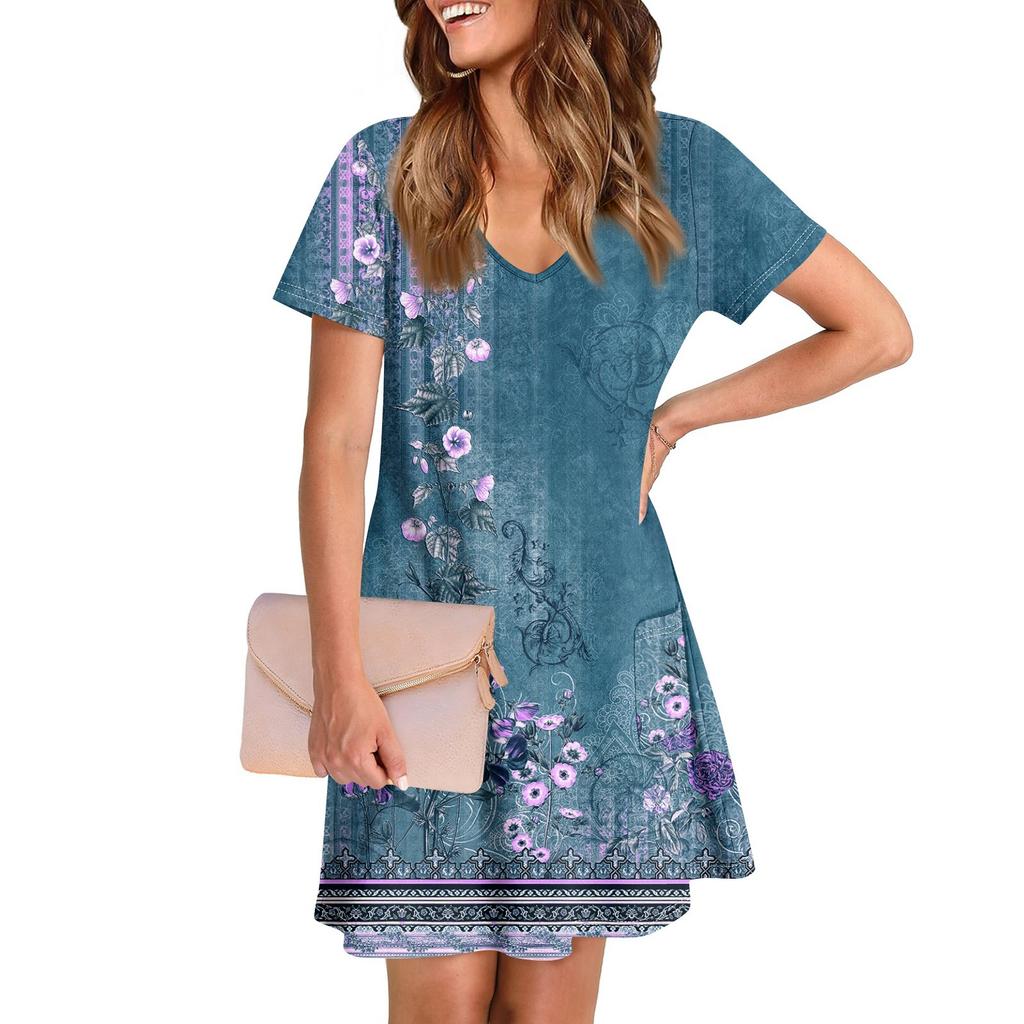 Ladies' Casual And Fashionable V-neck Short Sleeve Printing Mid Length Dress