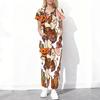 Women Plus Size Halloween Ghost Pumpkin Printed Scrub Set Cutout Neck Short Sleeve Pocket Top Long Pants Two Piece