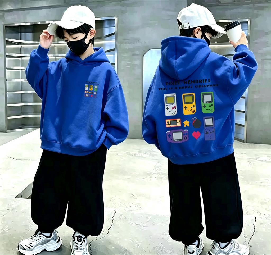 Boys and Girls Daily Sports Pullover Hoodie for Kids Retro Game Console and Letter-patterned