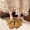 Retro Women's Slippers Bow Flat Sole Round Toe Cow Suede Women's Mules Dress Leisure Comfortable Inner Roman Zapatillas De Mujer