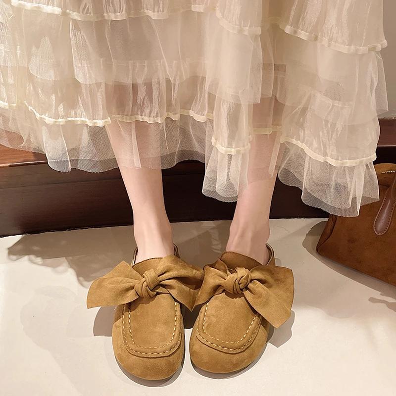 Retro Women's Slippers Bow Flat Sole Round Toe Cow Suede Women's Mules Dress Leisure Comfortable Inner Roman Zapatillas De Mujer