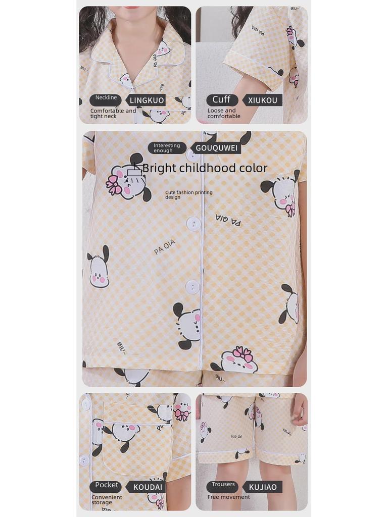 Пижамные комплекты Cross-border Summer Cloud Cotton Cartoon для девочек — топы с короткими рукавами и шорты для детей среднего и старшего возраста.