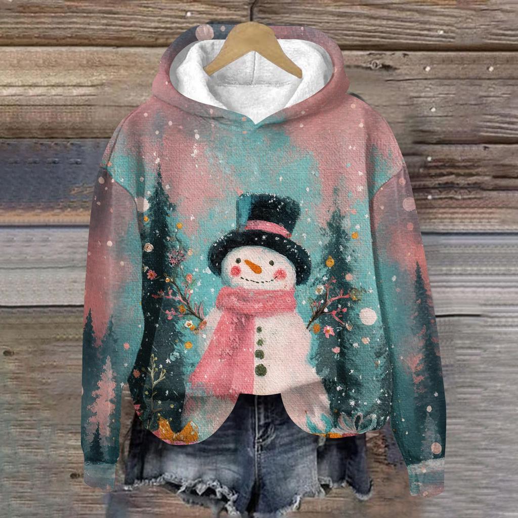 Women's Fashion Long Sleeve Christmas Print Loose Hooded Sweatshirt Top