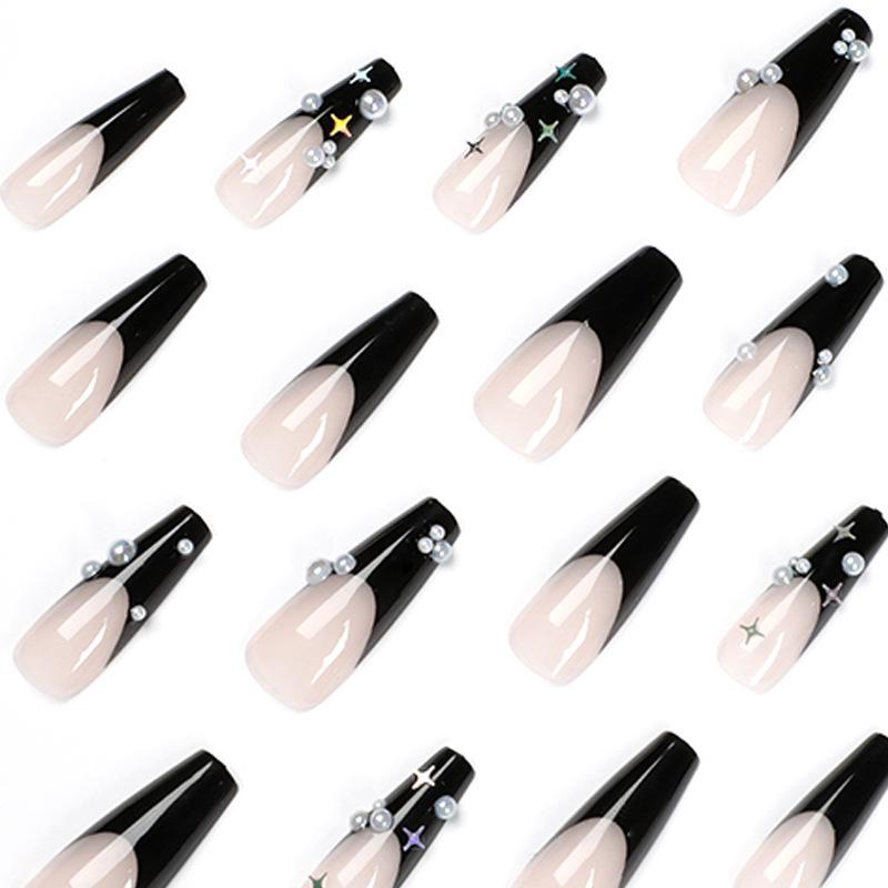 Черный жемчуг Длинные Балетные Французские Носимые Наконечники для Ногтей – Съемные Наклейки для Накладных Ногтей