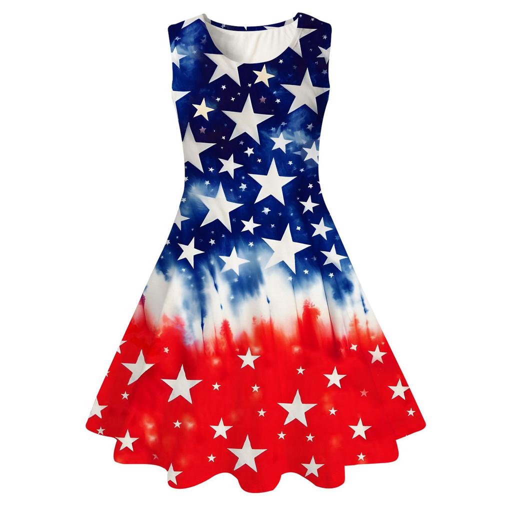 Summer Casual Loose Print Sweet Girl Sleeveless Princess Independence Day Dress
