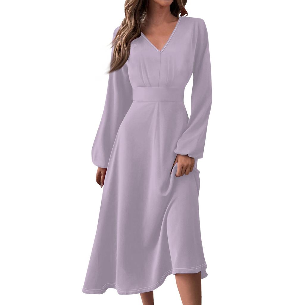 Women's  And Winter Casual Fashion V-neck Long Sleeve Solid Color Long Dress