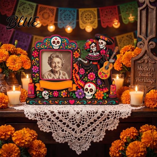 Мексиканское народное искусство Подарок День Мертвых Деревянная фоторамка Dia De Los Muertos Фото Аутентичный стиль Декор Красочная пара скелетов Настольный