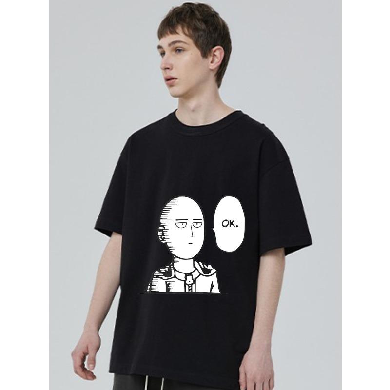 Черная футболка с графическим принтом персонажа One Punch Man и текстом «Ok» для повседневной носки