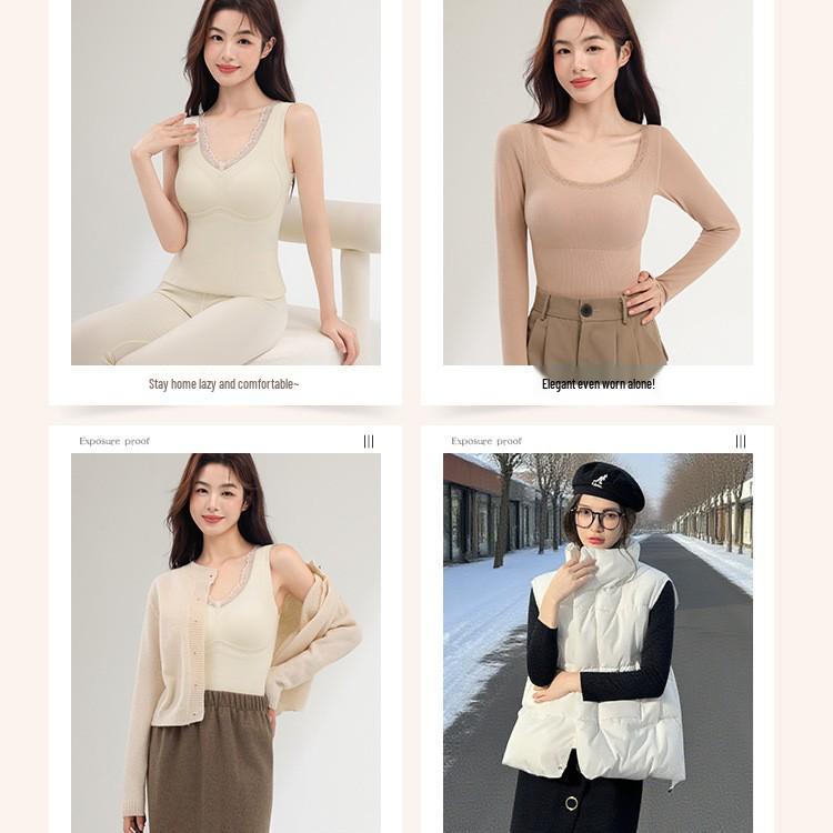 Sentimental Cat Women's Warm Vest with Chest Pads, Cashmere Silk, Enhances Bust, Autumn/Winter Slim Fit Innerwear