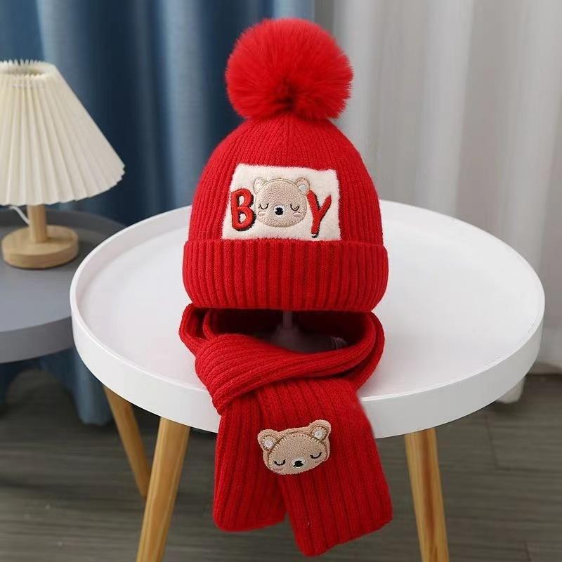 Autumn and Winter Children's Hat Boy Bear Wool Hat Girl Knitted Cotton Warm Baby Hat Scarf Two-piece Set