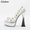 Fashion Eilyken Design Rivet Crystal PVC Transparent Women Pumps Open Toed High Heels Sandals Sexy Night Club Wedding Platform Shoes