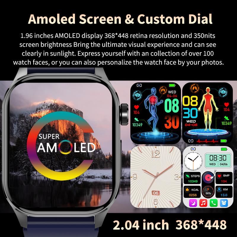 SACOSDING AMOLED Смарт-часы ЭКГ Артериальное давление Кислород в крови Температура тела ВСР Монитор здоровья SOS Bluetooth Вызов Смарт-часы Мужчины