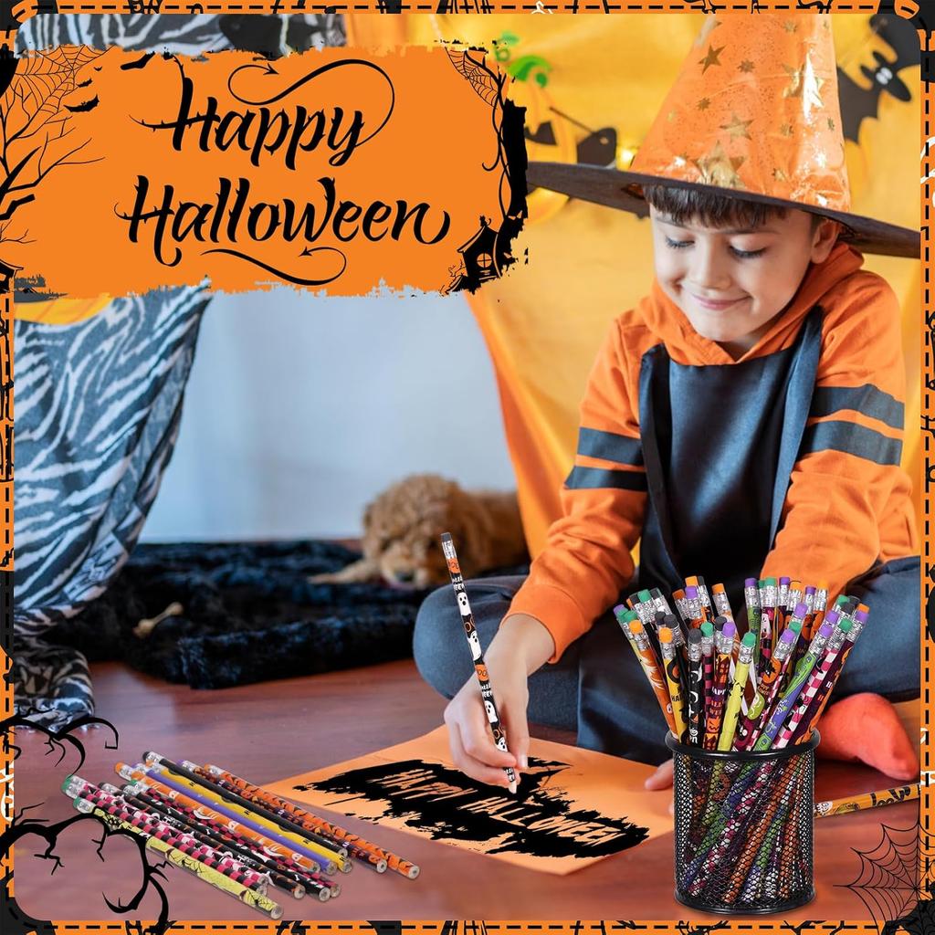48 Pieces Halloween Pencils with Eraser Assortment Halloween Themed Pencil Ghost Pumpkin Skeleton Bat Spider Wooden Pencils for Halloween Party Favor