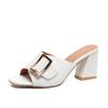 Summer High-heeled Slippers Women's Shoes Casual Belt Buckle Thick Heeled Ladies Sandals Solid Color Peep Toe Pantuflas Mujer