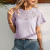 Summer Women's T-shirt Fashion Round Neck Lace Splicing Short Sleeve Top