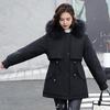 Winter Women Jacket Furry Hood Long Sleeves Drawstring Waist Pockets Zipper And Button Closure Windbreaker Mid Length Solid Color Windproof Warm Coat