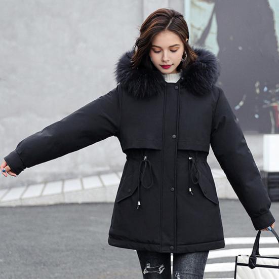 Winter Women Jacket Furry Hood Long Sleeves Drawstring Waist Pockets Zipper And Button Closure Windbreaker Mid Length Solid Color Windproof Warm Coat