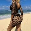 Women Summer Beach Cover-up Hollow Out Long Sleeves Slim Fit Low-cut V Neck Backless See-through Bikini