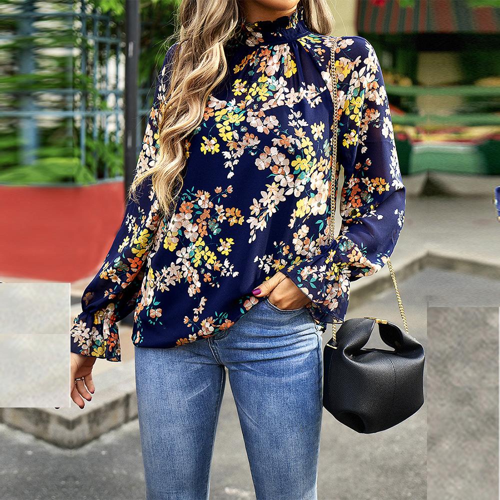 Женские осенние полувысокие блузки с рукавами-фонариками, темпераментные пригородные блузки с цветочным принтом, топы