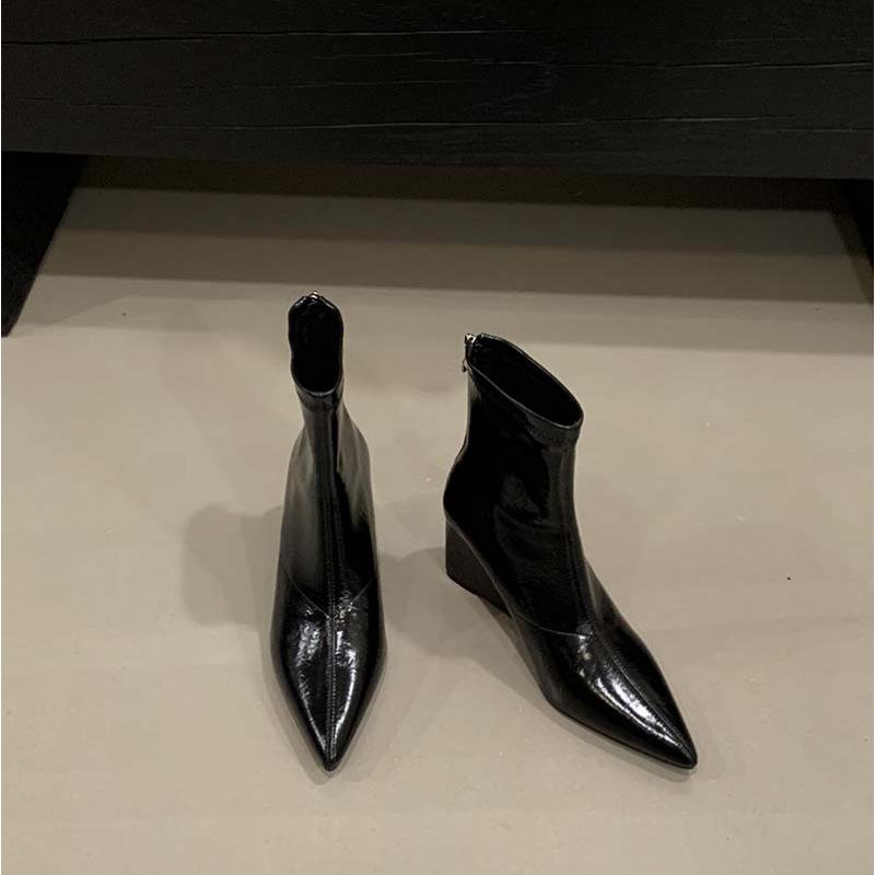 Slope Heel High Heel Short Boots 2025 New Autumn and Winter Pointed Elastic Thin Boots Black Retro Versatile Martin Boots Women