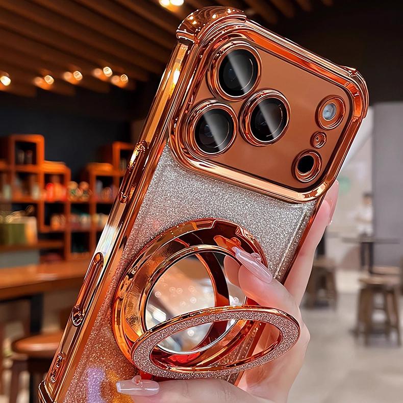 Роскошный чехол-подставка с блестками для iPhone 17 16 15 14 Pro Max Plus 12 13 Air Зеркальный держатель-кольцо Чехол с градиентом Bling для макияжа