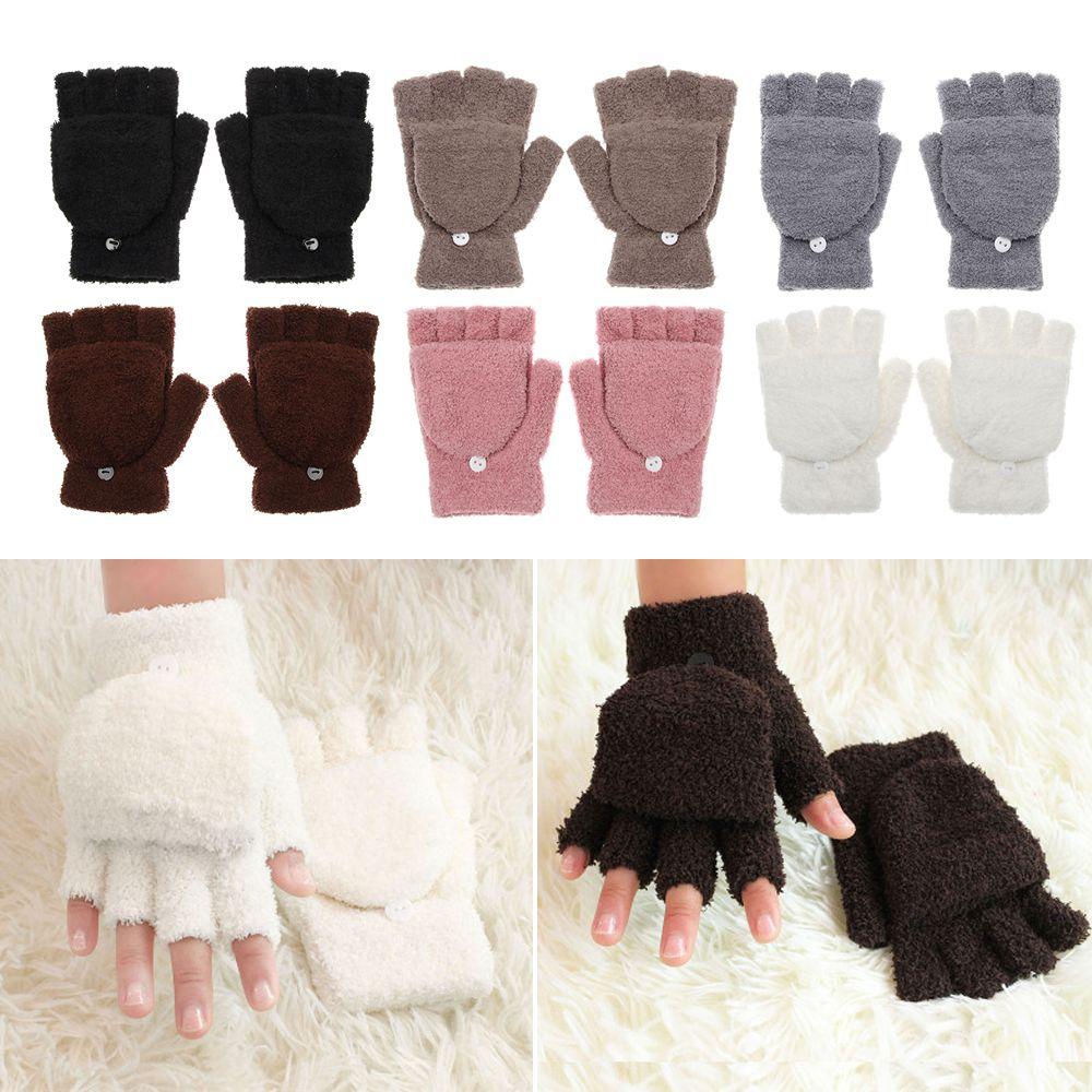 Girls Dual-use Thick Knitting Mittens Convertible Flip Top Half Finger Gloves Coral Velvet Gloves