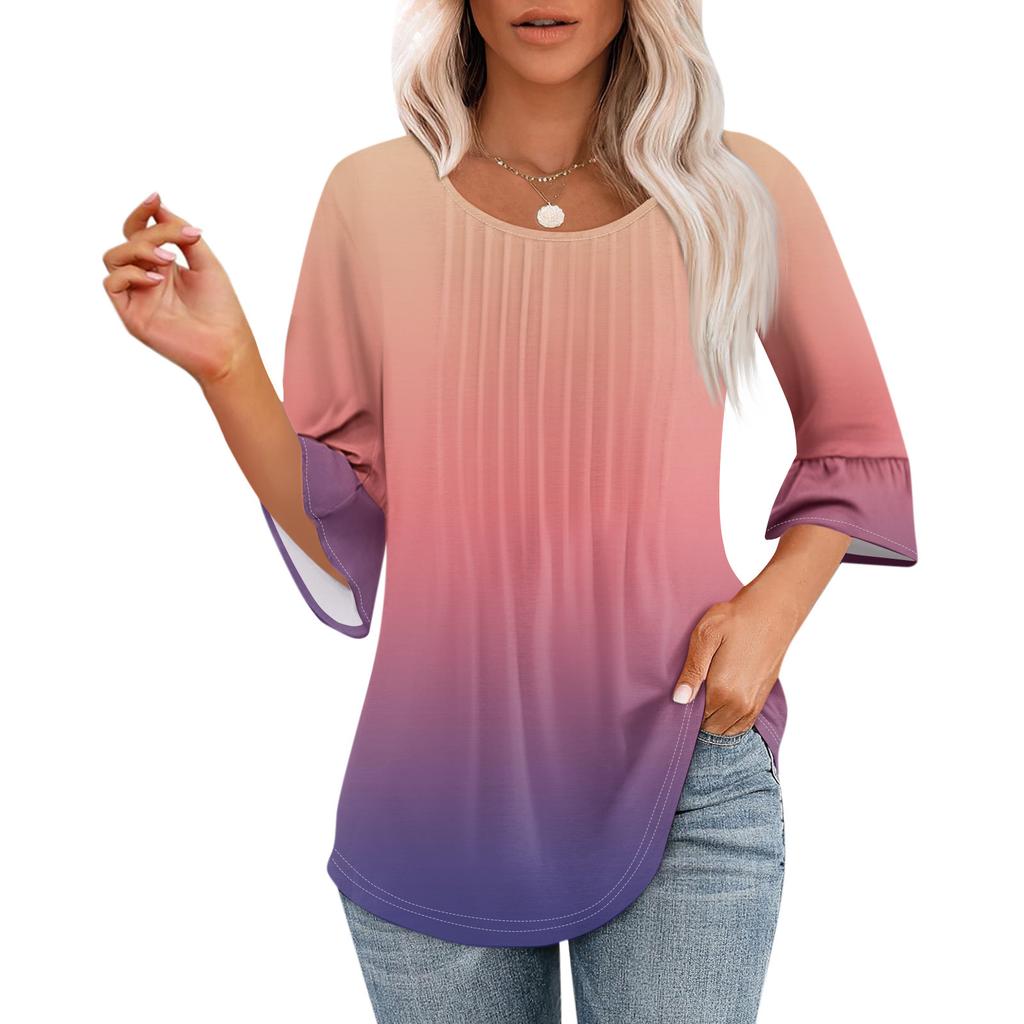 Women's 3/4 Bell Sleeve Tops O-Neck Summer Pleated Shirts Trendy Dressy Casual Loose Fit Tunic Blouses