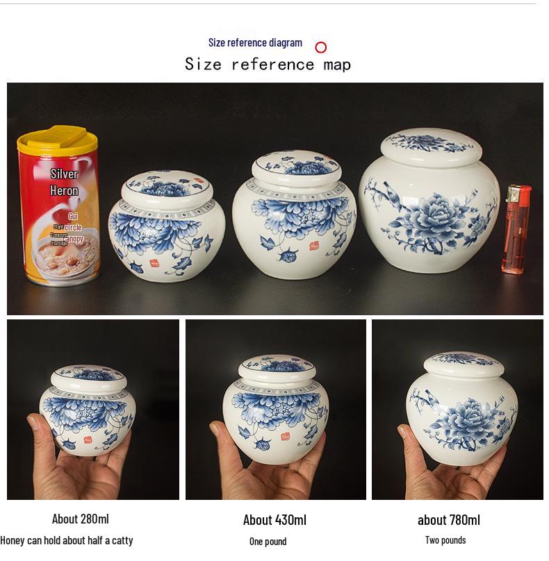 Герметичная сине-белая фарфоровая керамическая банка для меда с закручивающейся силиконовой крышкой