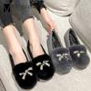 Big Size 43 Rabbit Fur Moccasins Women Crystal Bowtie Flats Round Toe Slip On Fur Snow Shoes Winter Outdoor Shearling Ballerinas